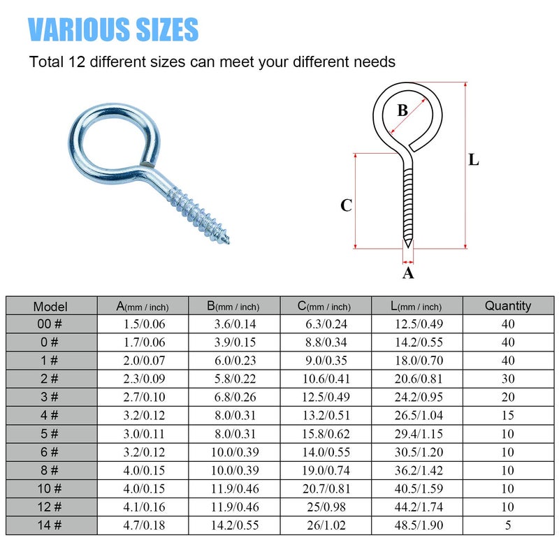 DYWISHKEY 240PCS 12 Sizes Blue Zinc Plated Steel Screw Eyes Assortment Kit - Image 3